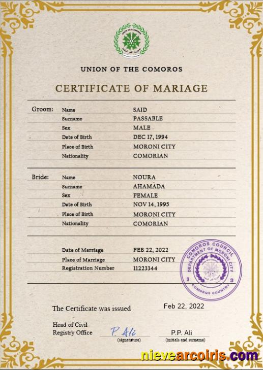 Comoros marriage certificate